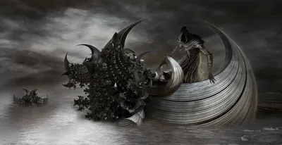 Dark Fractal Art Black/Dark Wallpaper 4K 2916x1500 Dark, Fractal, Art, Depicting, The, Grim, Reaper, Standing, Curved, Boat, Surrounded, Eerie, Gray, White, Ultrawide, QHD