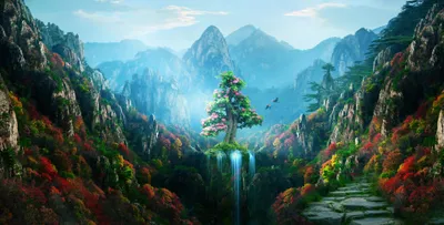 Dark Fantasy Wallpaper Nature Wallpaper 4K 3840x1953 An, Hd, Fantasy, Landscape, Desktop, Wallpaper, Featuring, A, Majestic, Tree, Waterfall, Amidst, White, Ultrawide, 4k