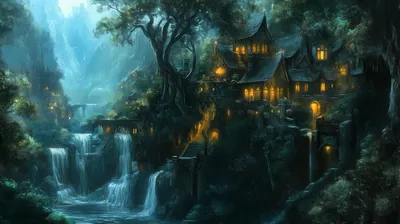 Mystical Elven City World Wallpaper 4K 2912x1632 A, Mystical, Elven, City, Nestled, Among, Lush, Greenery, Featuring, Illuminated, Buildings, Cascading, Gray, Pink, Ultrawide, QHD