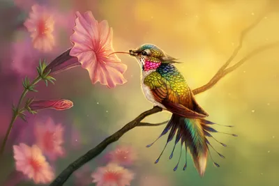 Colorful Fantasy Hummingbird Drinks Nectar Abstract Wallpaper 4K 3543x2362 A, Colorful, Fantasy, Hummingbird, Drinks, Nectar, From, Flower, Desktop, Purple, Orange, Landscape, QHD