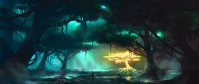 Mystical Forest Towering Trees Glowing Nature Wallpaper 4K 4700x2000 A, Mystical, Forest, Scene, Featuring, Towering, Trees, And, Glowing, Golden, Tree, Center, Orange, Yellow, Ultrawide, 4k