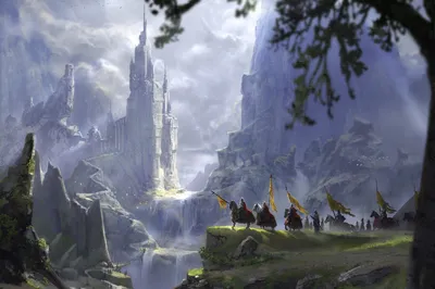 Fantasy Landscape Majestic Waterfall Towering Fantasy Wallpaper 4K 1920x1277 A, Fantasy, Landscape, Featuring, Majestic, Waterfall, Towering, Castle, Group, Warriors, Captures, Essence, Gray, Brown, White, Ultrawide, Full HD