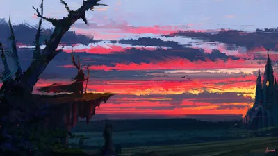 Bold Fantasy Wallpaper Nature Wallpaper 4K 1920x1080 A, Fantasy, Landscape, At, Sunset, With, Dramatic, Clouds, Figure, Holding, Staff, Gray, Pink, Ultrawide, Full HD