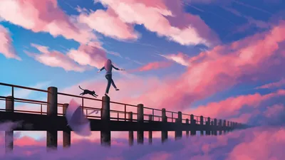 Anime Illustration Person Long Nature Wallpaper 4K 3840x2160 Anime-style, Illustration, Of, A, Person, With, Long, Pink, Hair, Balancing, Pier, Above, Brown, Gray, Ultrawide, 4k