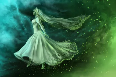 Sleek Blonde Wallpaper Fantasy Wallpaper 4K 3400x2266 A, Blonde, Bride, In, Flowing, Wedding, Dress, Stands, Amid, Swirling, Green, Blue, Gray, Ultrawide, QHD