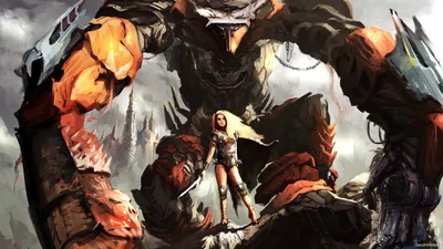 Valiant Woman Warrior Stands Fantasy Wallpaper 4K 1920x1080 A, Valiant, Woman, Warrior, Stands, Boldly, Before, Massive, Creature, Captivating, Fantasy-themed, Desktop, White, Gray, Ultrawide, Full HD