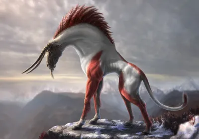 Majestic Fantasy Creature Muscular Nature Wallpaper 4K 1450x1017 A, Majestic, Fantasy, Creature, With, Muscular, Build, Striking, Red, Accents, Stands, Atop, Gray, Landscape