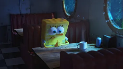 Spongebob Squarepants Sitting Melancholically Abstract Wallpaper 4K 4000x2250 Hd, Desktop, Wallpaper, Of, Spongebob, Squarepants, Sitting, Melancholically, Table, Inside, Dimly, Lit, White, Gray, Ultrawide, 4k