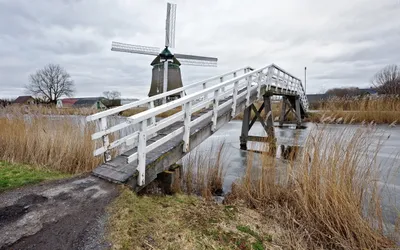 Man Windmill Beside Wooden Bridge Nature Wallpaper 4K 2560x1600 Hd, Desktop, Wallpaper, Featuring, A, Man-made, Windmill, Beside, Wooden, Bridge, Over, Calm, White, Ultrawide, QHD