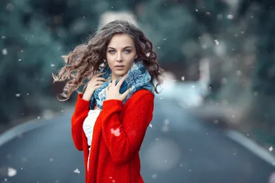 Vibrant Woman Wallpaper Nature Wallpaper 4K 2048x1366 A, Woman, With, Curly, Hair, Wearing, Red, Sweater, Blue, Scarf, Stands, Middle, Landscape, Full HD