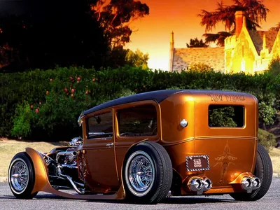 Hot Rod Vehicle Cars Wallpaper 4K 1600x1200 A, Stunning, Hot, Rod, Vehicle, With, Sleek, Design, Set, Against, Picturesque, Sunset, Brown, Landscape