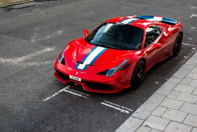Misty Red Wallpaper Cars Wallpaper 4K 3600x2412 Red, Ferrari, 458, Speciale, Supercar, With, White, And, Blue, Racing, Stripes, Parked, Gray, Landscape, QHD