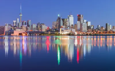 Golden Toronto Wallpaper World Wallpaper 4K 7680x4800 Toronto, Skyline, With, Illuminated, Skyscrapers, And, Buildings, Reflecting, Calm, Water, Under, Clear, Pink, Ultrawide, 4k