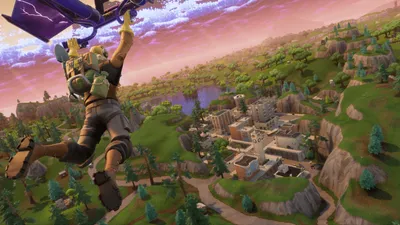 Vivid Fortnite Wallpaper Games Wallpaper 4K 4304x2422 A, Fortnite, Character, Glides, Down, Towards, Vibrant, Landscape, Buildings, Greenery, Under, Dramatic, Gray, Ultrawide, 4k