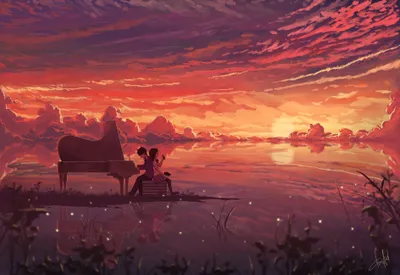 Golden Anime Wallpaper Nature Wallpaper 4K 3780x2598 Anime, Couple, By, A, Piano, At, Sunset, Reflected, Water, Under, Dramatic, Sky, Purple, Orange, Brown, Landscape, QHD