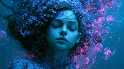 Aesthetic Portrait Woman Abstract Wallpaper 4K 2944x1648 Aesthetic, Portrait, Of, A, Woman, With, Closed, Eyes, Surrounded, Blue-purple, Floral, Textures, Brown, Pink, Ultrawide, QHD