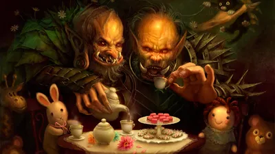 Fantasy Depicting Two Fierce Fantasy Wallpaper 4K 1920x1080 Hd, Fantasy, Desktop, Wallpaper, Depicting, Two, Fierce, Trolls, Sharing, Tea, Amidst, Toy-like, Orange, Brown, Ultrawide, Full HD