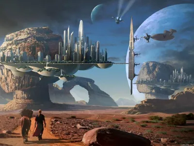 Sci Landscape Futuristic Cities Nature Wallpaper 4K 1600x1200 A, Stunning, Sci‑fi, Landscape, Features, Futuristic, Cities:, And, Floating, Islands, Under, Vibrant, Brown, Gray