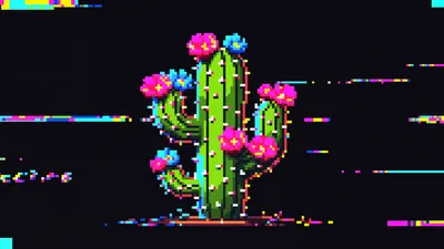 Pixel Art Cactus Bright Black/Dark Wallpaper 4K 4608x2592 Pixel-art, Cactus, With, Bright, Pink, And, Blue, Flowers, Glitchy, Black, Field, Ultra, Brown, Ultrawide, 4k