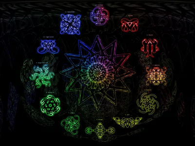 Fantasy Zodiac Symbols Abstract Wallpaper 4K 1600x1200 Hd, Fantasy, Zodiac:, Desktop, Wallpaper, Featuring, Intricate, Symbols, Vibrant, Colorful, Patterns, Set, Brown, Landscape