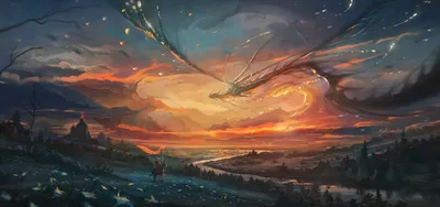 Calm Fantasy Wallpaper Nature Wallpaper 4K 3000x1412 Hd, Fantasy, Wallpaper, Depicting, A, Warrior, Knight, Near, River, Sunrise, Dragon, Soaring, Orange, Brown, Ultrawide, QHD