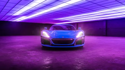 Sleek Rimac Nevera Supercar Cars Wallpaper 4K 4096x2303 A, Sleek, Rimac, Nevera, Supercar, Illuminated, By, Vibrant, Purple, Blue, Neon, Lights, White, Gray, Ultrawide, 4k