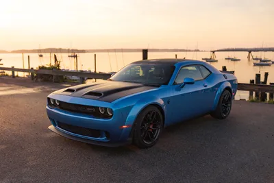 Sleek Blue Wallpaper Cars Wallpaper 4K 3000x2001 A, Blue, Dodge, Challenger, Srt, Muscle, Car, Parked, Near, Waterfront, Sunset, Showcased, White, Landscape, QHD
