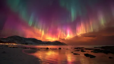 Vibrant Northern Lights Nature Wallpaper 4K 2912x1632 Hd, Desktop, Wallpaper, Of, Vibrant, Northern, Lights, Dancing, Over, Calm, Ocean, Beach, Brown, Orange, Ultrawide, QHD