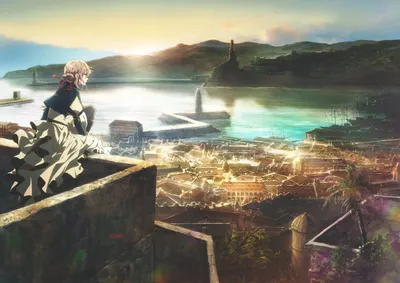 Bold Violet Wallpaper Nature Wallpaper 4K 9342x6617 Violet, Evergarden, Stands, Overlooking, A, Picturesque, City, And, Lake, Sunset, Wearing, Dress, White, Landscape, 4k