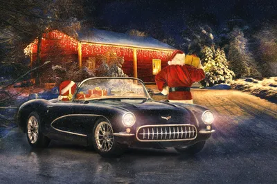 Santa Stands Beside Classic Car Nature Wallpaper 4K 2048x1365 Santa, Stands, Beside, A, Classic, Car, At, Night, During, Gentle, Snowfall, Warmly, Brown, Gray, Ultrawide, Full HD