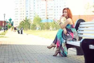 Calm Woman Wallpaper Abstract Wallpaper 4K 2560x1707 A, Woman, Model, With, Red, Hair, Sits, Gracefully, White, Bench, Urban, Park, Landscape, QHD