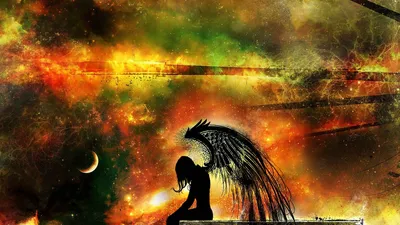 Silhouetted Angel Black Wings Vibrant Space Wallpaper 4K 1920x1080 Hd, Pc, Desktop, Wallpaper, Featuring, A, Silhouetted, Angel, Black, Wings, Set, Against, Brown, Orange, Ultrawide, Full HD