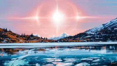 Fantasy Landscape Snowy Mountain Serene Nature Wallpaper 4K 1920x1080 Hd, Fantasy, Landscape, Wallpaper, Featuring, A, Snowy, Mountain, Serene, Lake, Radiant, Sun, White, Pink, Ultrawide, Full HD