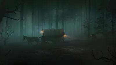 Sleek Dark Wallpaper Black/Dark Wallpaper 4K 3840x2160 A, Dark, Fantasy, Forest, Scene, At, Night, With, Horse-drawn, Covered, Wagon, Illuminated, Gray, Ultrawide, 4k