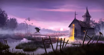 Bright Dark Wallpaper Black/Dark Wallpaper 4K 4000x2125 Dark, Purple, Scenery, With, A, Crow, Flying, Near, Small, Illuminated, Religious, Church, Gray, Ultrawide, 4k