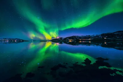 Starry Sky Night Fjord Reflection Space Wallpaper 4K 2500x1668 Starry, Sky, Night, Fjord, Reflection, Nature, Aurora, Borealis, Desktop, Brown, Landscape, Full HD