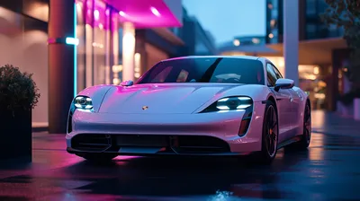 Sleek White Taycan Electric Cars Wallpaper 4K 2912x1632 Sleek, White, Porsche, Taycan, Electric, Sports, Car, Parked, Wet, City, Street, Dusk, Pink, Gray, Ultrawide, QHD