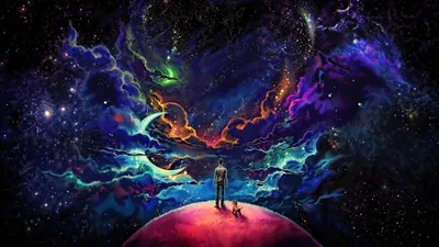 Colorful Sci Man Dog Space Wallpaper 4K 3840x2160 Hd, Desktop, Wallpaper:, Showcasing, A, Colorful, Sci-fi, Scene, Man, Dog, Standing, Vibrant, Brown, Red, Ultrawide, 4k