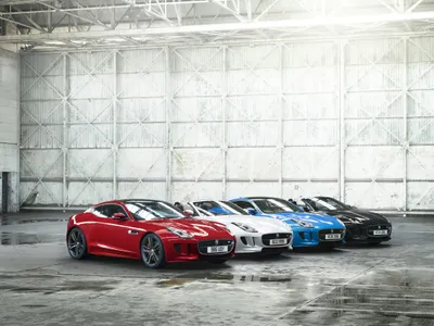 Lineup Jaguar Type Vehicles Red Cars Wallpaper 4K 4800x3600 A, Lineup, Of, Jaguar, F-type, Vehicles, In, Red, White, Blue, Black, Showcased, Landscape, 4k