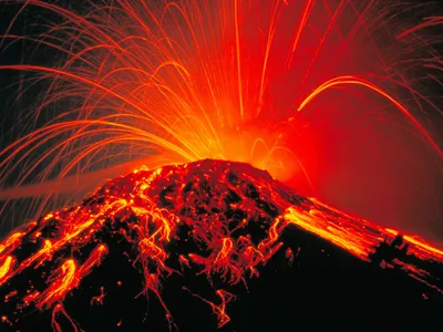 Dark Erupting Wallpaper Nature Wallpaper 4K 1600x1200 Hd, Desktop, Wallpaper, Of, An, Erupting, Volcano, With, Vibrant, Lava, Sparks, Lighting, Brown, Orange, Red, Landscape