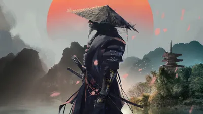 Fantasy Samurai Warrior Standing Riverbank Nature Wallpaper 4K 5120x2880 Hd, Wallpaper, Of, A, Fantasy, Samurai, Warrior, Standing, Riverbank, Traditional, Pagoda, Red, Gray, Ultrawide, 4k