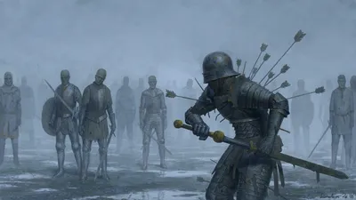Dark Armored Undead Black/Dark Wallpaper 4K 1920x1080 A, Dark, Armored, Undead, Warrior, Wielding, Sword, Stands, Amid, Fog, Pierced, Arrows, Gray, Ultrawide, Full HD