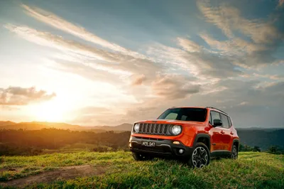 Orange Jeep Renegade Suv Grassy Nature Wallpaper 4K 4096x2732 Orange, Jeep, Renegade, Suv, Parked, On, Grassy, Terrain, Sunset, Under, Dramatic, Sky, White, Landscape, 4k