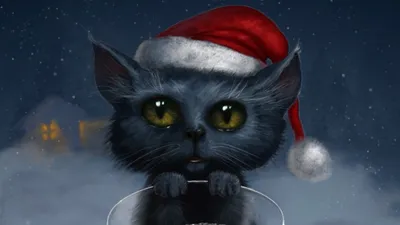 Charming Black Cat Wearing Animals Wallpaper 4K 1920x1080 A, Charming, Black, Cat, Wearing, Red, Santa, Hat, Gazes, Curiously, Surrounded, Snowy, Gray, Ultrawide, Full HD