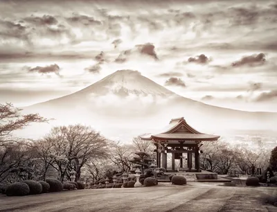 Sepia Toned Mount Nature Wallpaper 4K 6394x4897 A, Sepia-toned, Image, Of, Mount, Fuji, Rising, Behind, Traditional, Japanese, Structure, Framed, White, Landscape, 4k