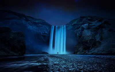 Solitary Figure Stands Nature Wallpaper 4K 1920x1200 A, Solitary, Figure, Stands, Before, The, Majestic, Skógafoss, Gafoss, Waterfall, Surrounded, Dark, Green, Yellow, Pink, Ultrawide, Full HD