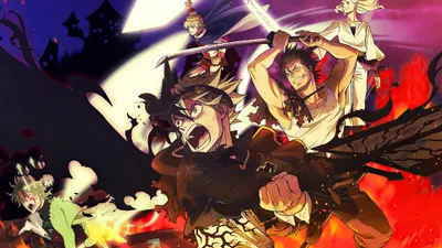Anime Inspired Black Black/Dark Wallpaper 4K 3840x2160 Anime-inspired, Black, Clover, Scene, With, Dynamic, Characters, In, Battle, Poses, Vivid, Flames, White, Ultrawide, 4k