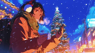 Anime Character Enjoying Snowy Christmas Nature Wallpaper 4K 2912x1632 Anime, Character, Enjoying, A, Snowy, Christmas, Evening, With, Sparkling, Tree, Red, Ultrawide, QHD