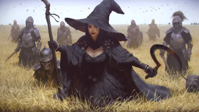 Necromancer Witch Hat Stands Fantasy Wallpaper 4K 1920x1080 A, Necromancer, In, Witch, Hat, Stands, Field, Dressed, Dark, Armor, Surrounded, Undead, Black, White, Ultrawide, Full HD