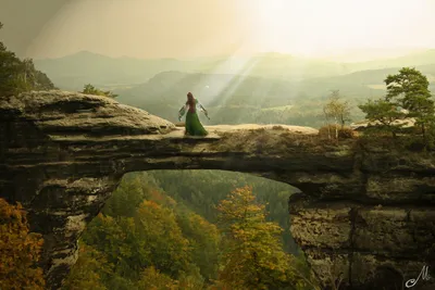 Fantasy Woman Flowing Green Dress Nature Wallpaper 4K 1600x1067 A, Fantasy, Scene, Featuring, Woman, In, Flowing, Green, Dress, Standing, Natural, Stone, White, Landscape